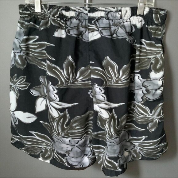 Pacific Scene Hawaiian Floral Swim Trunks Black Lined Elastic Waist Pockets L - Picture 5 of 7